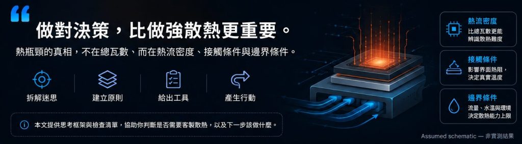 相同總功率在不同熱源面積下的熱流密度；總瓦數描述的是總量，燒毀發生在局部。